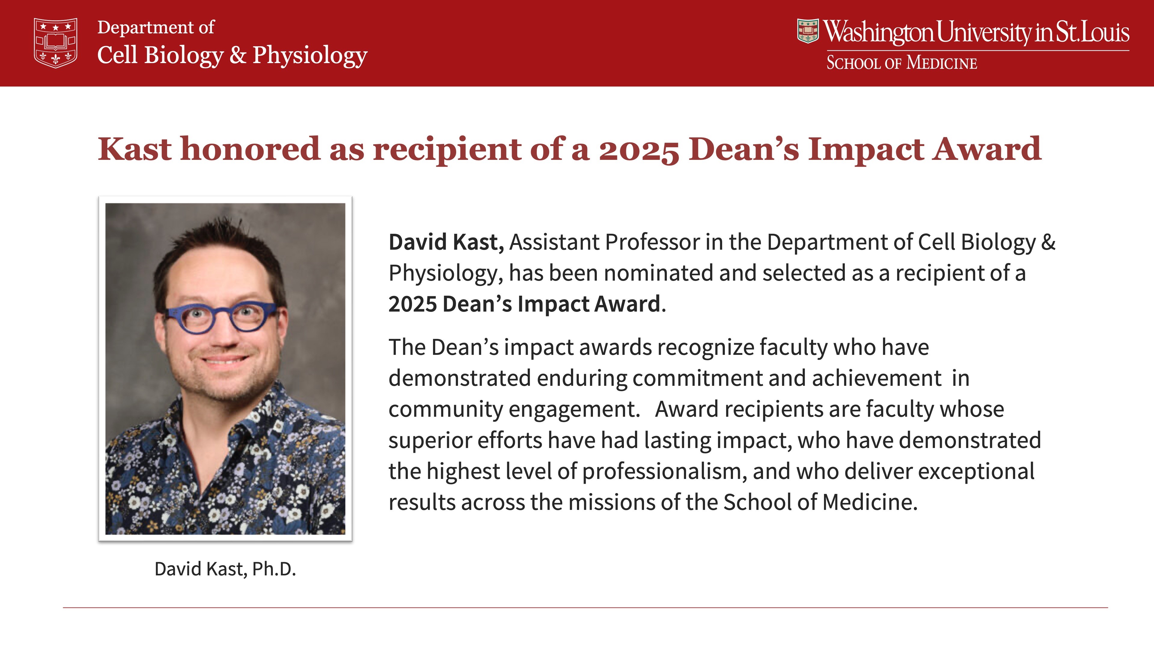 Kast honored as recipient of a 2025 Dean’s Impact Award