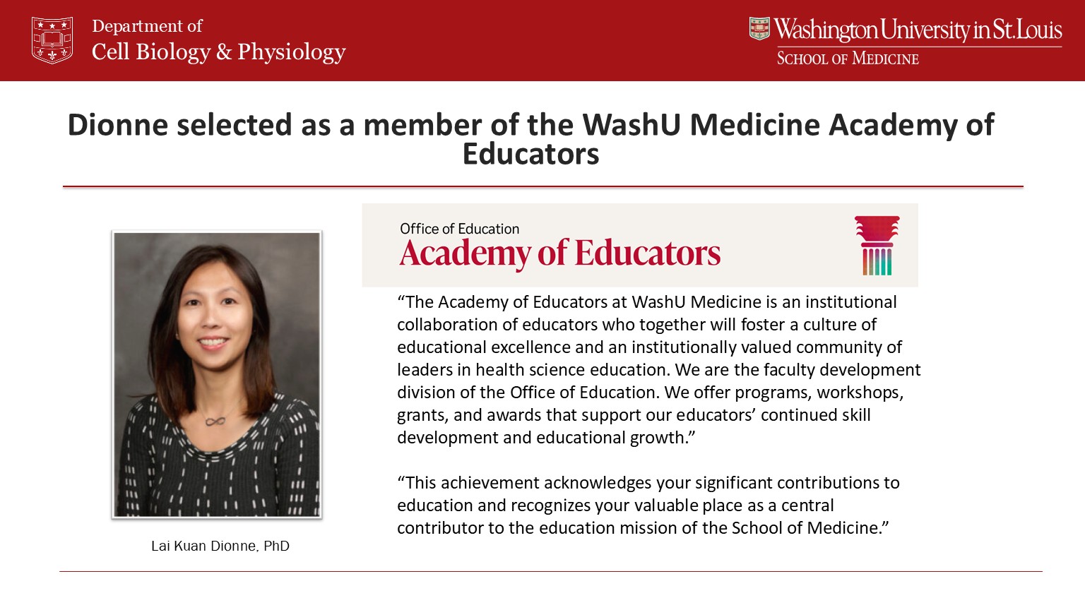 Dionne selected as a member of the WashU Medicine Academy of Educators